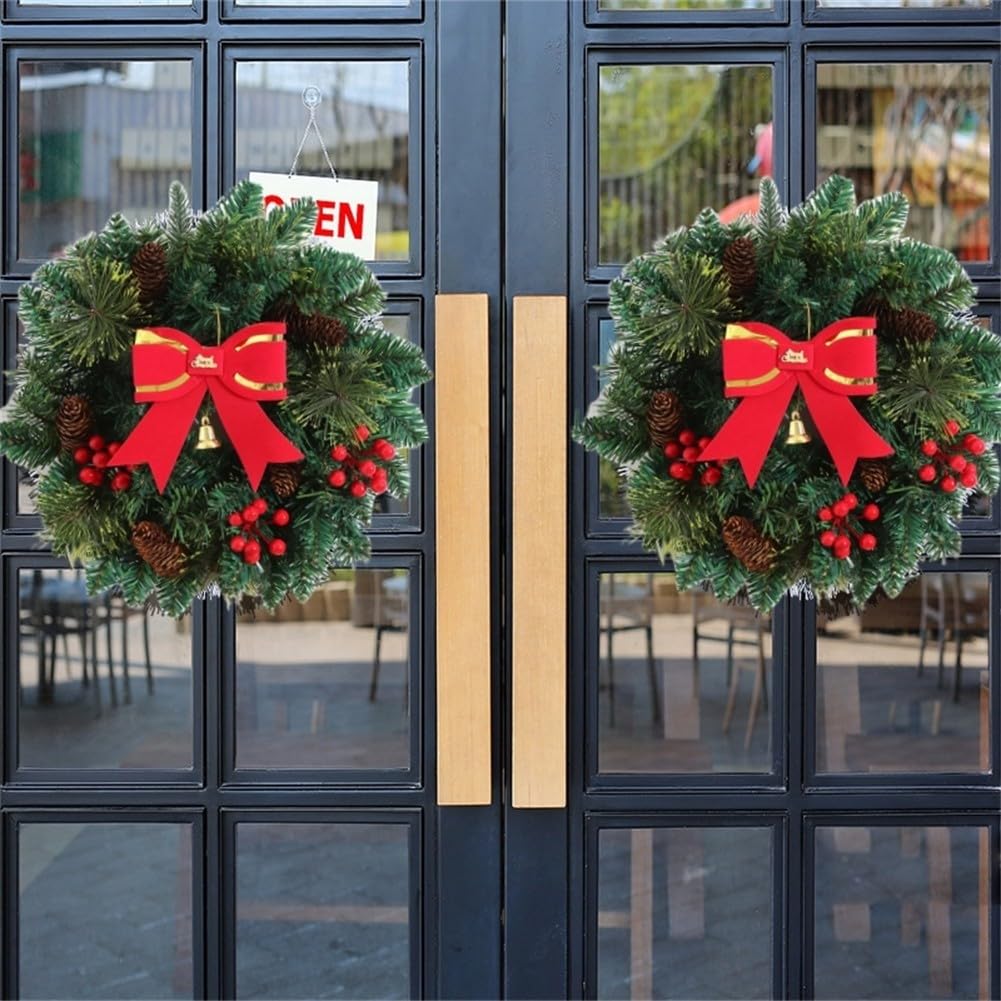 1 couronne de Noël artificielle, 30 cm ronde verte, couronne de Noël d'extérieur avec pommes de pin et baies rouges décoratives