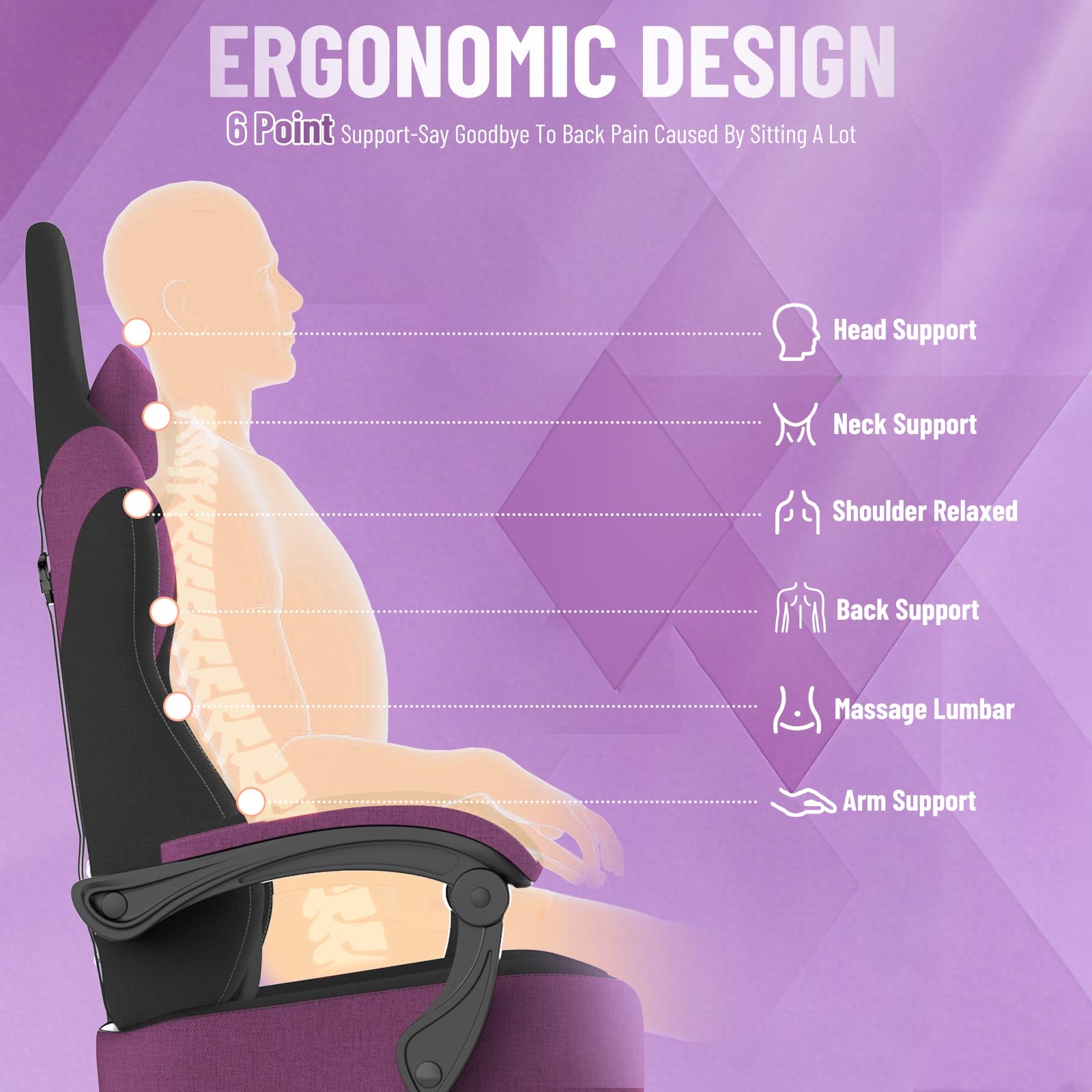 Ferghana Sedia da Gaming Ergonomica,Sedia Gaming in Tessuto Tecnologico,Sedia da Ufficio con Massaggio,Cuscino Primaverile,Poggiatesta,Braccioli, Ampio Sedile Piatto,Poltrona Ufficio,Nero-Viola