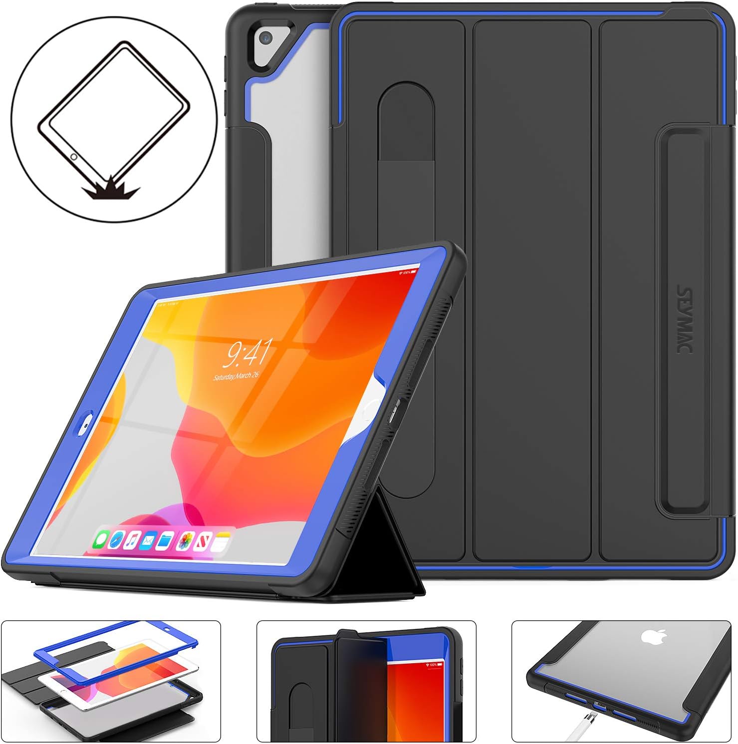 SEYMAC stock iPad 9th/8th/7th Generation Case 10.2'' with [Screen Protector], Heavy Duty [Full-Body] Shockproof Case with Tri-fold Stand for iPad 9th/8th/7th Generation 2021/2020/2019 (Black/Blue)