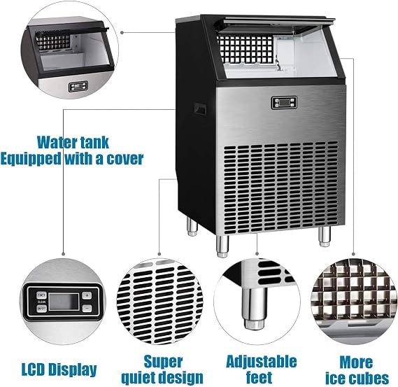 Large Ice Cube Making Machine, Commercial Milk Tea Shop KTV Ice Maker, 120KG Per 24H Automatic Manual Water Filling,90 Ice Cubes Ready in 20Minutes,Silver