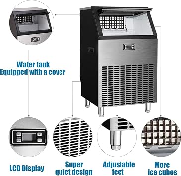 Large Ice Cube Making Machine, Commercial Milk Tea Shop KTV Ice Maker, 120KG Per 24H Automatic Manual Water Filling,90 Ice Cubes Ready in 20Minutes,Silver