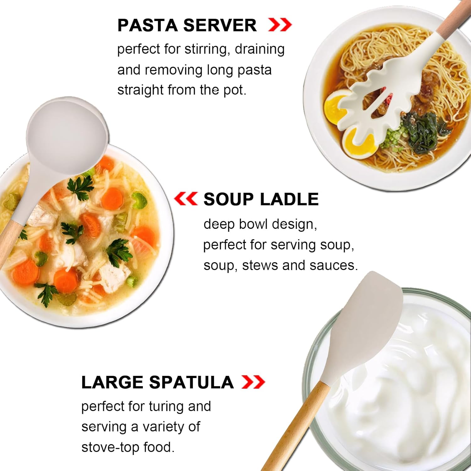 Kitchen Cooking Utensils Set 6Pcs Non-Stick Silicone Kitchen Utensils Spatula Spoon Turner Ladle Pasta Server, Heat Resistant Wooden Handle Silicone Cooking Gadgets Sets for Cookware & Baking