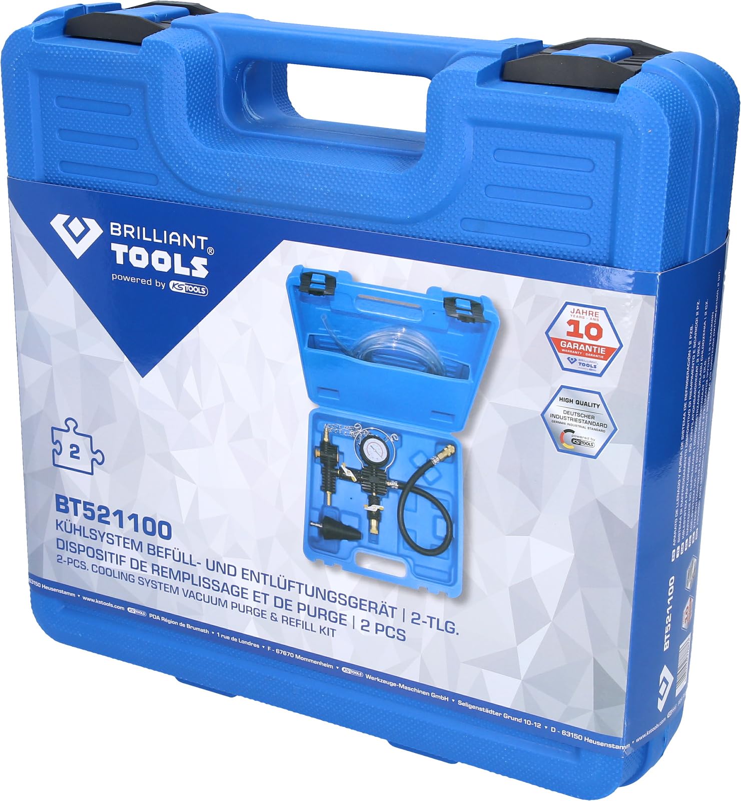 Kit de Remplissage et de Purge Universel BT521100-4 Pièces pour Système de Refroidissement et de Ventilation Voiture - Sans Bulles d’Air - Adaptateur et Boîte de Rangement - BRILLIANT TOOLS