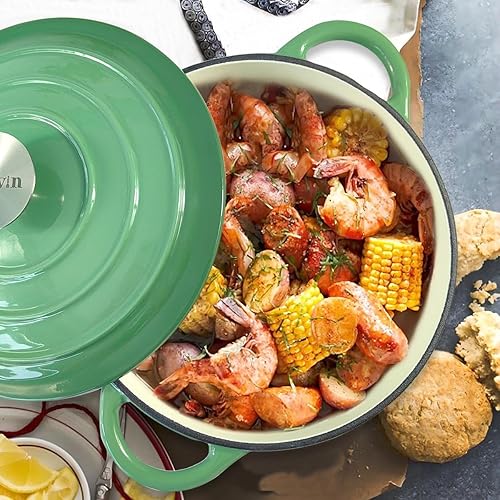 Miniatura 15 de Cacerola de hierro fundido COOKWIN, 3.8 QT, Sartén de hierro fundido con tapa y asas dobles, olla de superficie esmaltada de porcelana, Verde azulado