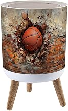 Trash Can with Lid 4K Art Basketball Crashing Brick Wall Press Top Round Small Garbage Bin with Wooden Legs Waste Basket for Kitchen Bedroom Nursery 7L/1.8 Gallon