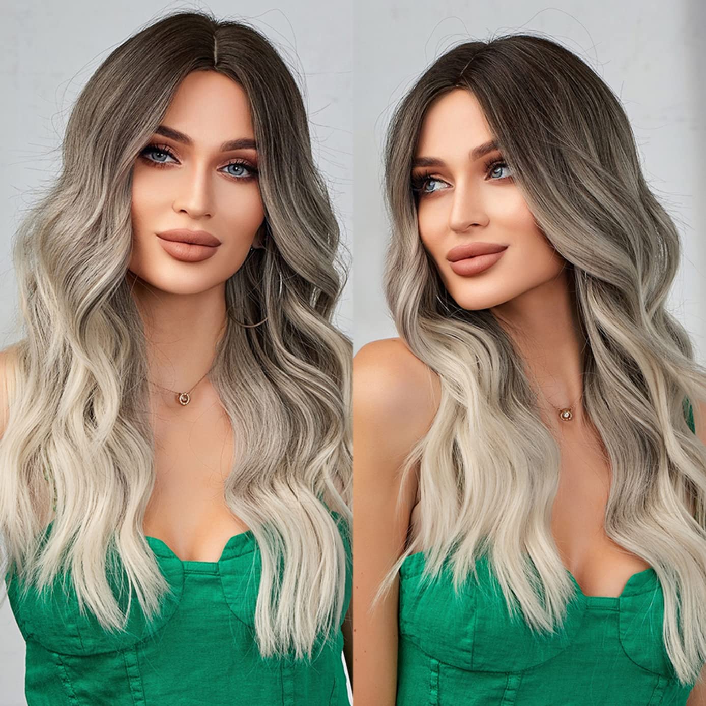 BERON Blonde Ombre Wigs Long Wavy Wig for Women Platinum Curly Heat Resistant Synthetic Hair Wigs for Daily Use with Wig Cap