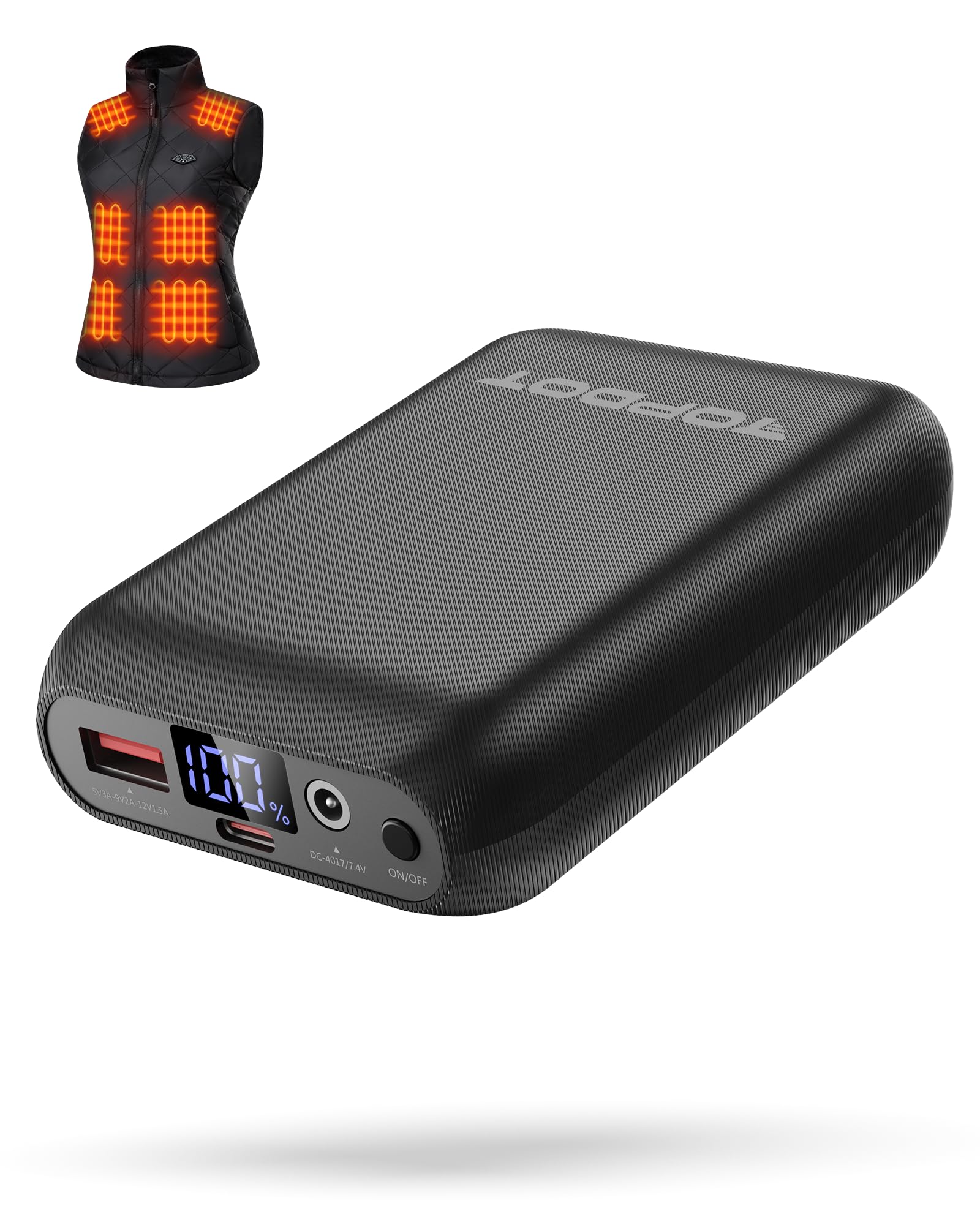𝟕.𝟒𝐕 𝟭𝟲𝟬𝟬𝟬𝗺𝗔𝗵 Heated Vest Battery Pack - Rechargeable Power Bank with LED Display, USB/Type-C/DC (4.0) Output, 3.5/3.8 DC Adapter Cables for Heated Jacket, Vest, Chair, and Clothing