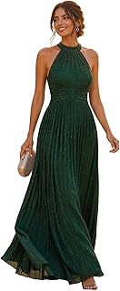 Women's Elegant Halter Formal Dresses Evening Gowns Pleated Glitter Floor Length Wedding Guest Dress 41961