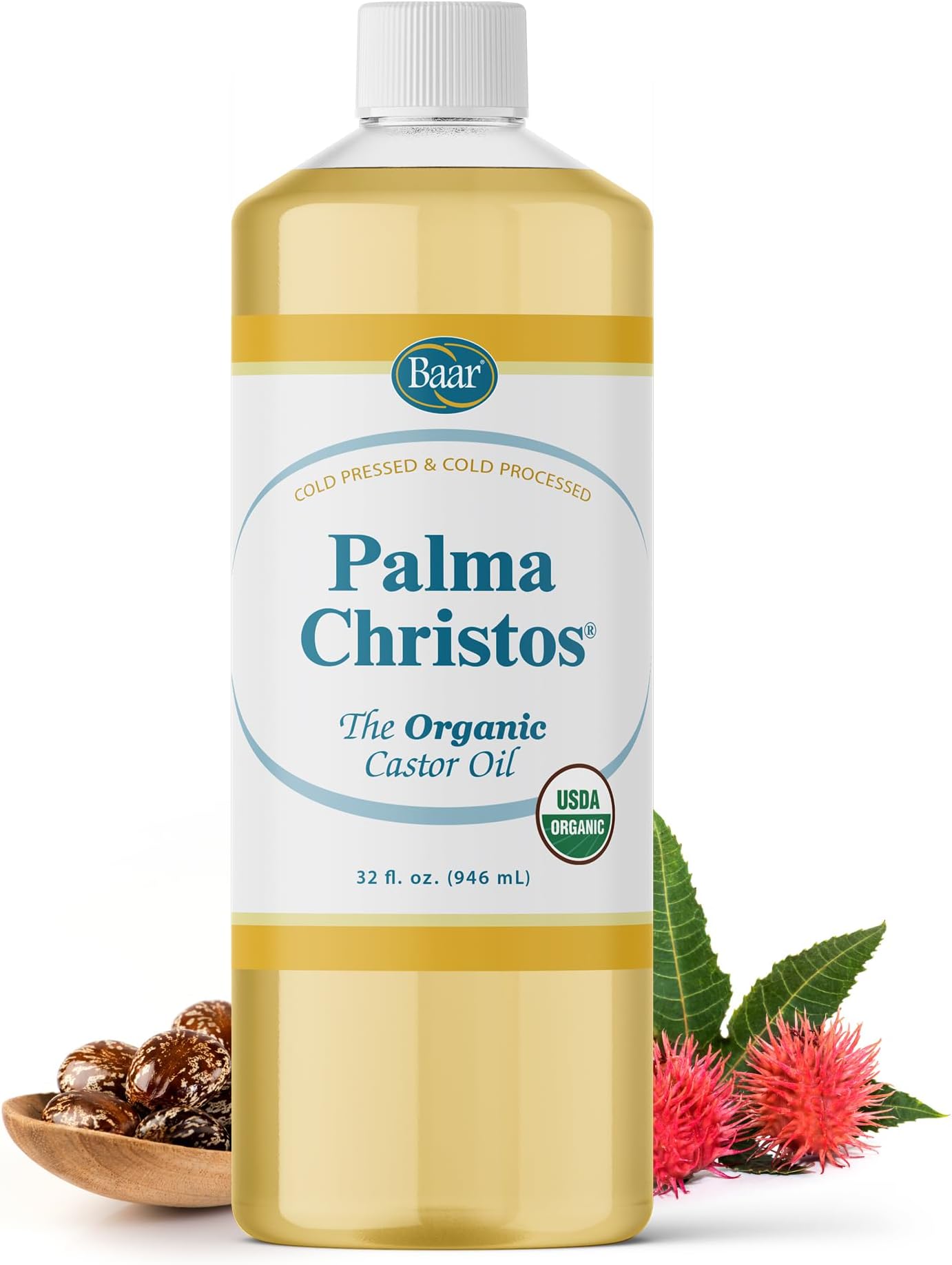 Baar Palma Christos Organic Castor Oil Products, Cold-Pressed, Hexane-Free, USDA Certified, for Skin, Hair, Massage & Castor Oil Packs, 32 oz