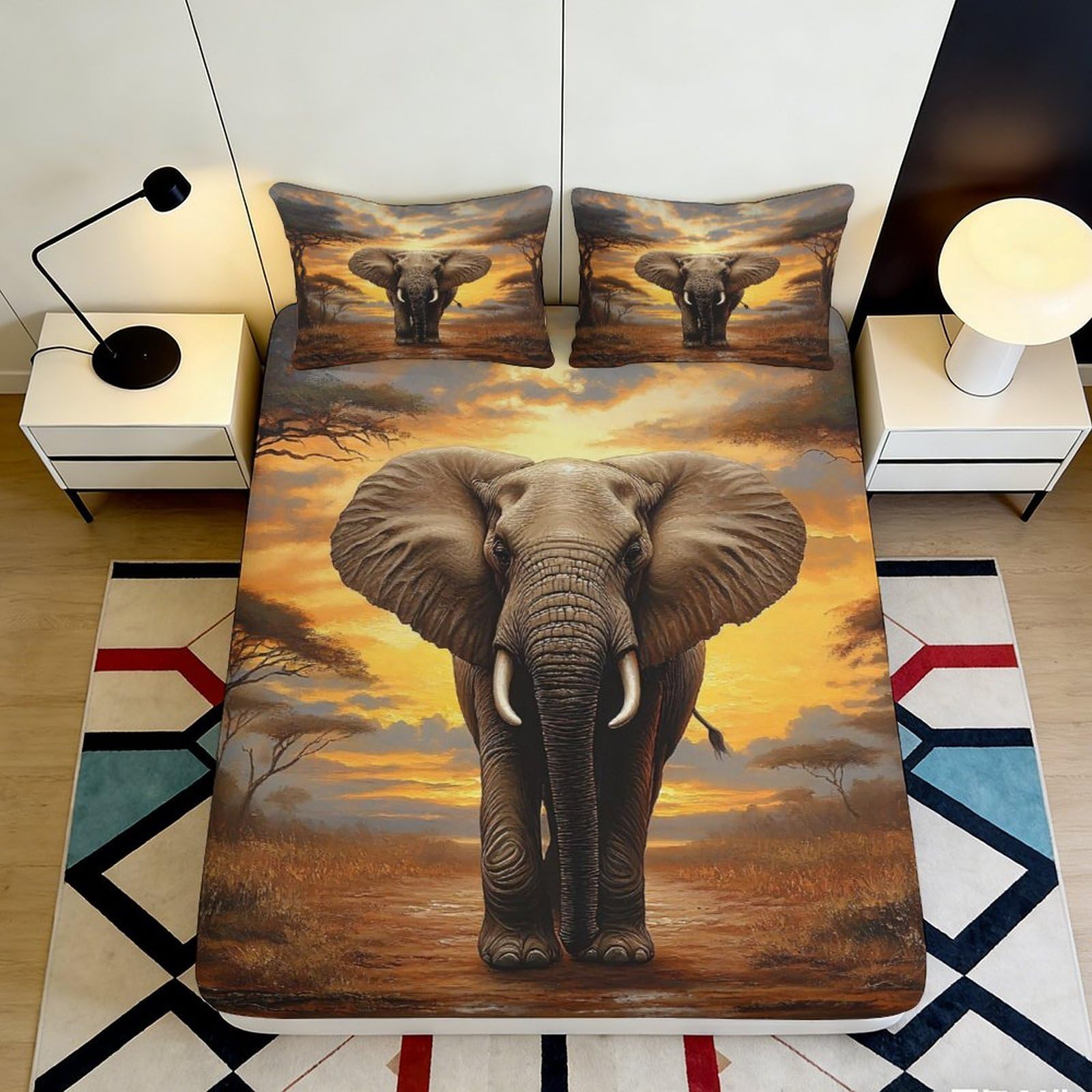 3D Printed Elephant Sunset Fitted Sheet Microfiber Soft Anti-Slip African Wildlife Bed Cover for Bedroom Dorm Decor 90x200x25cm