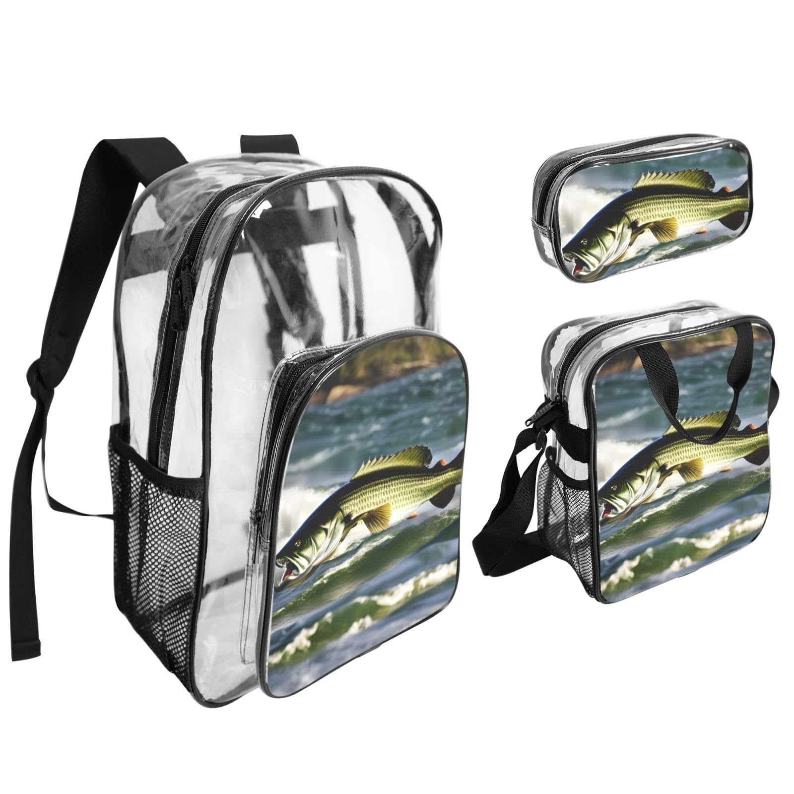 Transparenter Rucksack mit Barsch-Angel-Wellendruck, Unisex, 3-teilig, transparent, Lunch-Tasche, Stifteetui, Reisen, Outdoor