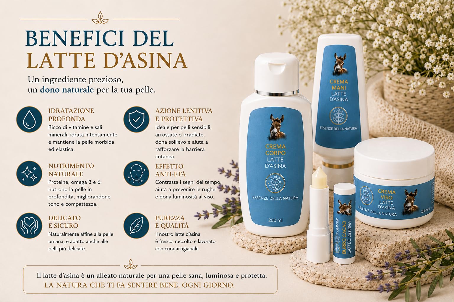 Cofanetto Box Regalo Creme Idratanti Artigianali Naturali al latte d'Asina - Crema Viso, Crema Corpo, Crema Mani e Stick Labbra - Set completo di prodotti per la cura delle pelle - Made in Italy