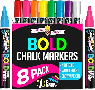 ChalkyCrown Bold Chalk Markers: 8-Pack Multicolored Liquid Chalk Pens, Reversible 6mm Tip for Chalkboards, Windows, Glass, Mirrors
