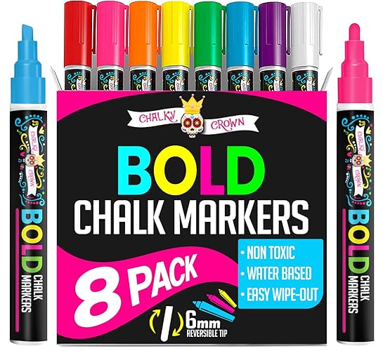 Liquid Chalk Markers for Blackboards - Bold Color Dry Erase Marker Pens - Chalk Markers for Chalkboards Signs, Windows, Blackboard, Glass - 6mm Reversible Tip (8 Pack) - Drawing markers - 6mm Reversible 8 Pack