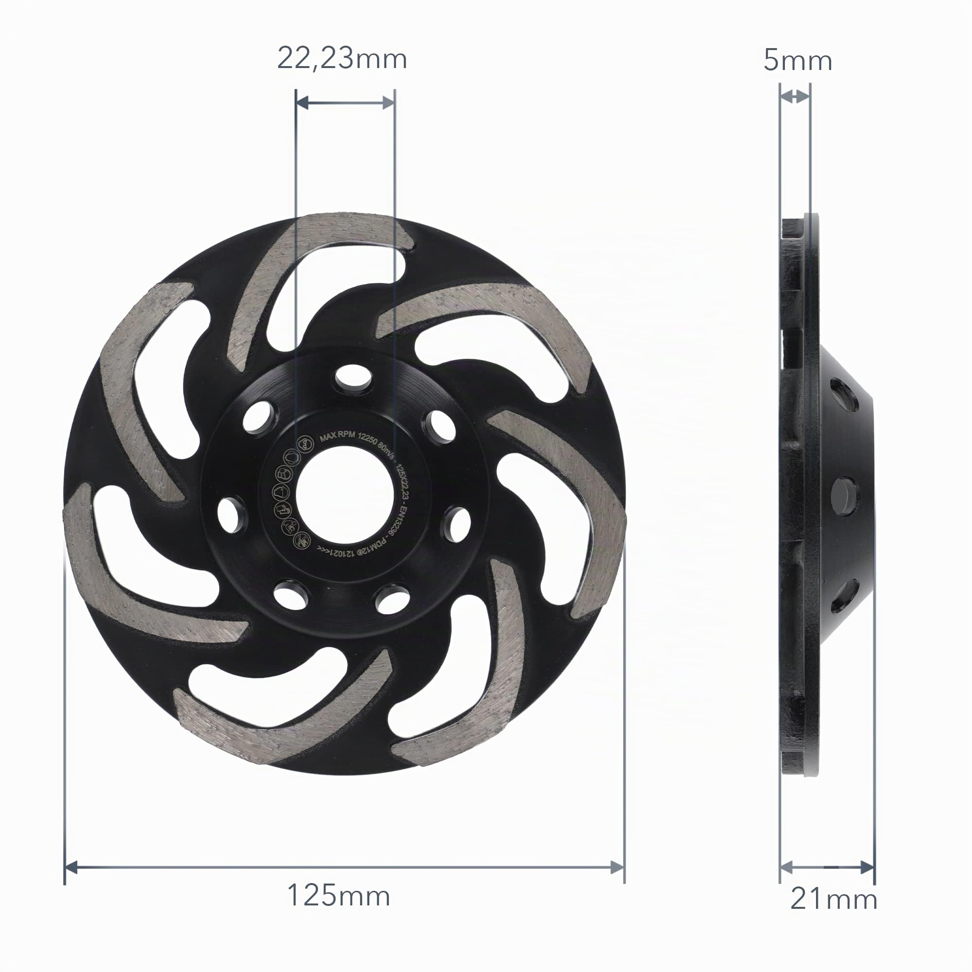 PRODIAMANT Meule boisseau diamantée professionnelle Boomerang 125 mm x 22,2 mm grains universels très grossiers pour les adhésifs, le béton, la pierre optimisés pour le dépoussiérage