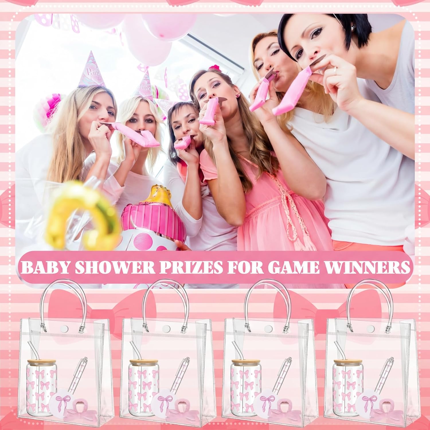 6 Set Baby Shower Game Prizes for Player Winners Pink Bow 17 oz Tumblers with Lids Straws Pink Bow Mirrors Pens Hair Clips Gift Bags for Bridal Shower Wedding Party Supplies - Image 4