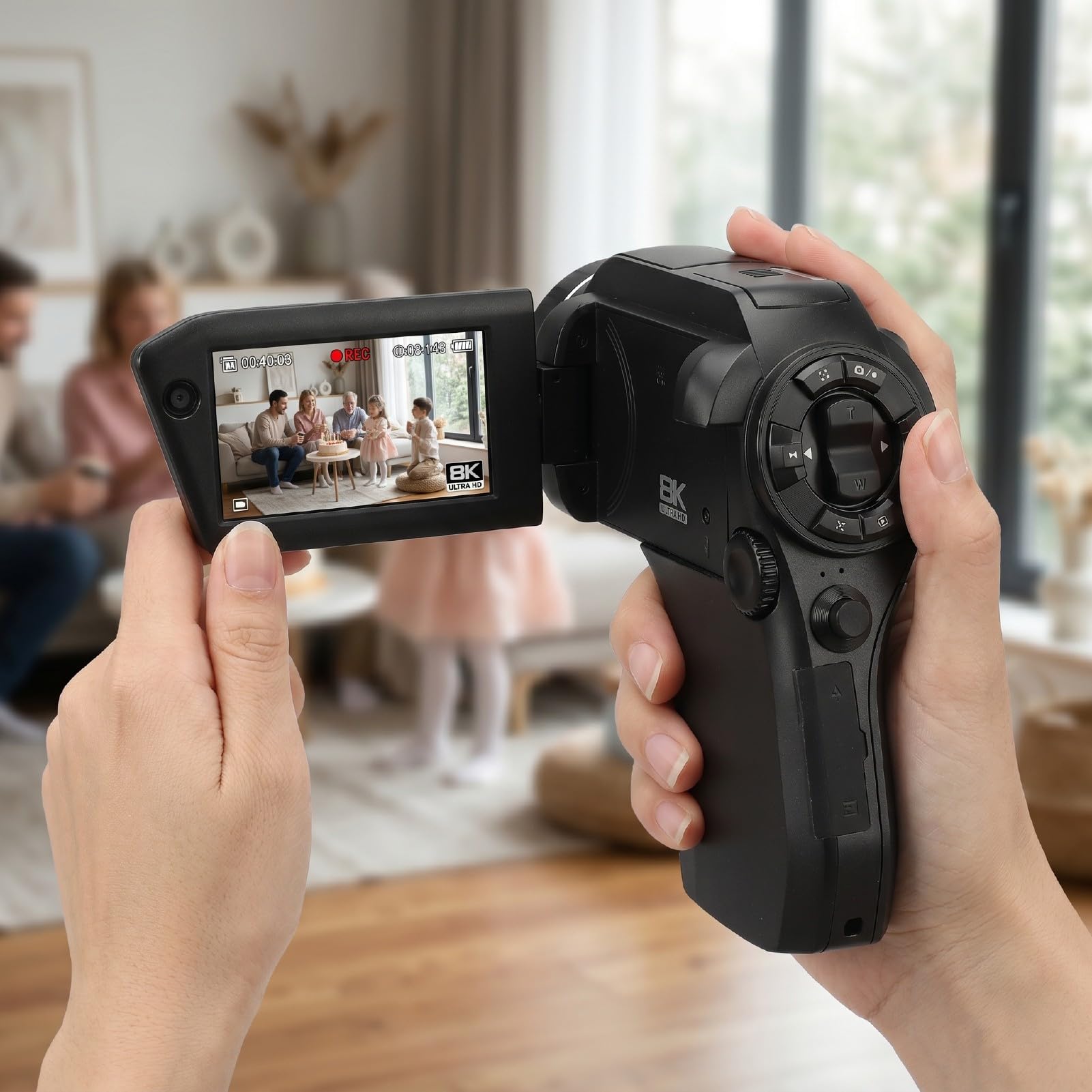 Tangxi Videocamera 8K, Videoregistratore HD da 75 MP Videocamere per WiFi con Schermo Ruotabile a Doppia Lente, Zoom Digitale 8X e Ottico 5X, per la Fotografia