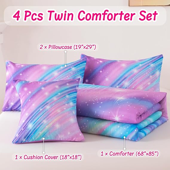 Twin Bedding Set for Girls, Glitter Rainbow Comforter Set for Girls, Galaxy Purple Bedding Sets Twin Size