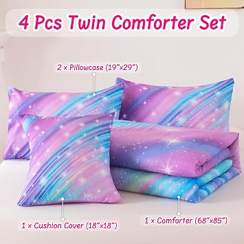 Twin Bedding Set for Girls, Glitter Rainbow Comforter Set for Girls, Galaxy Purple Bedding Sets Twin Size
