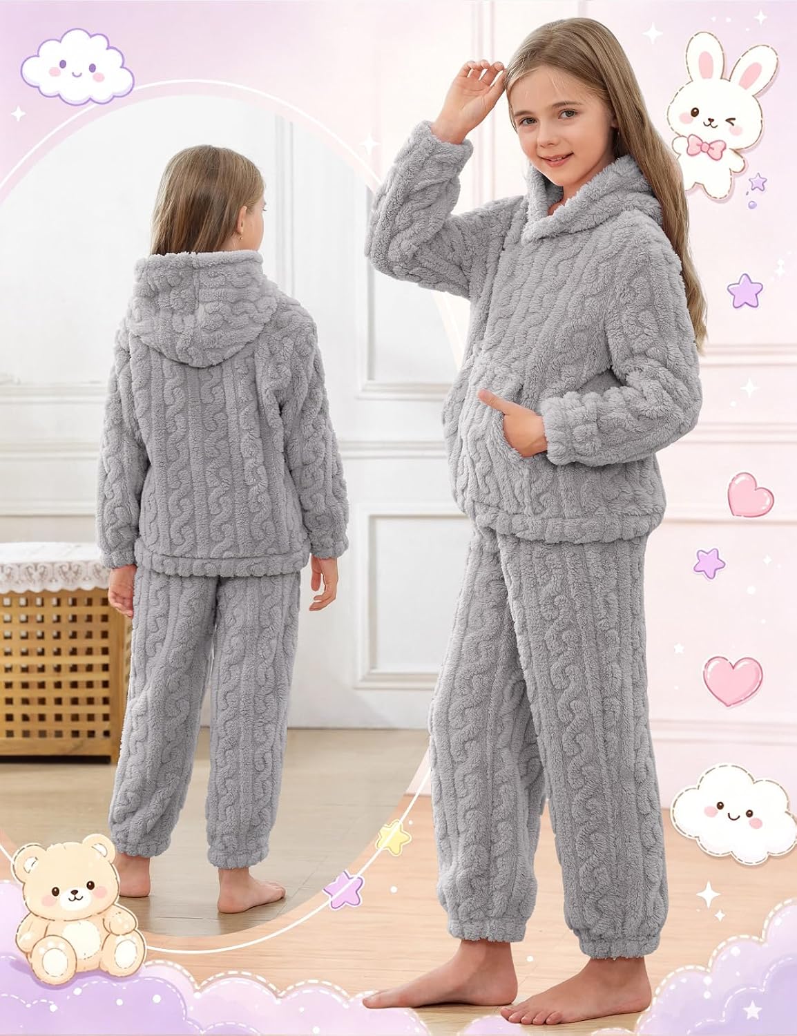 Girls Fuzzy Pants Set, Cozy Winter Sweatsuit for Kids