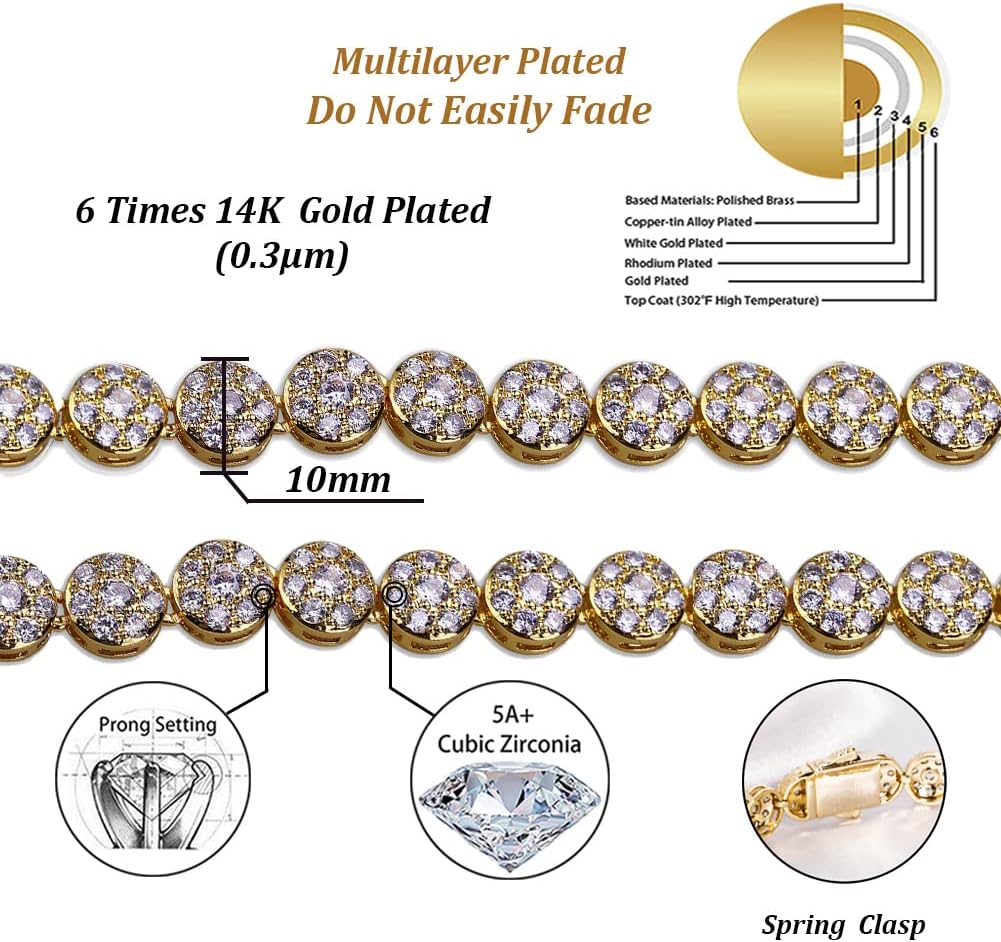 TOPGRILLZ Tennis Necklace for Women Silver Chain Choker Necklace 1Row 10mm 14K Gold Plated Cubic Zirconia Tennis Link Chain for Men 16/18/20/24inches