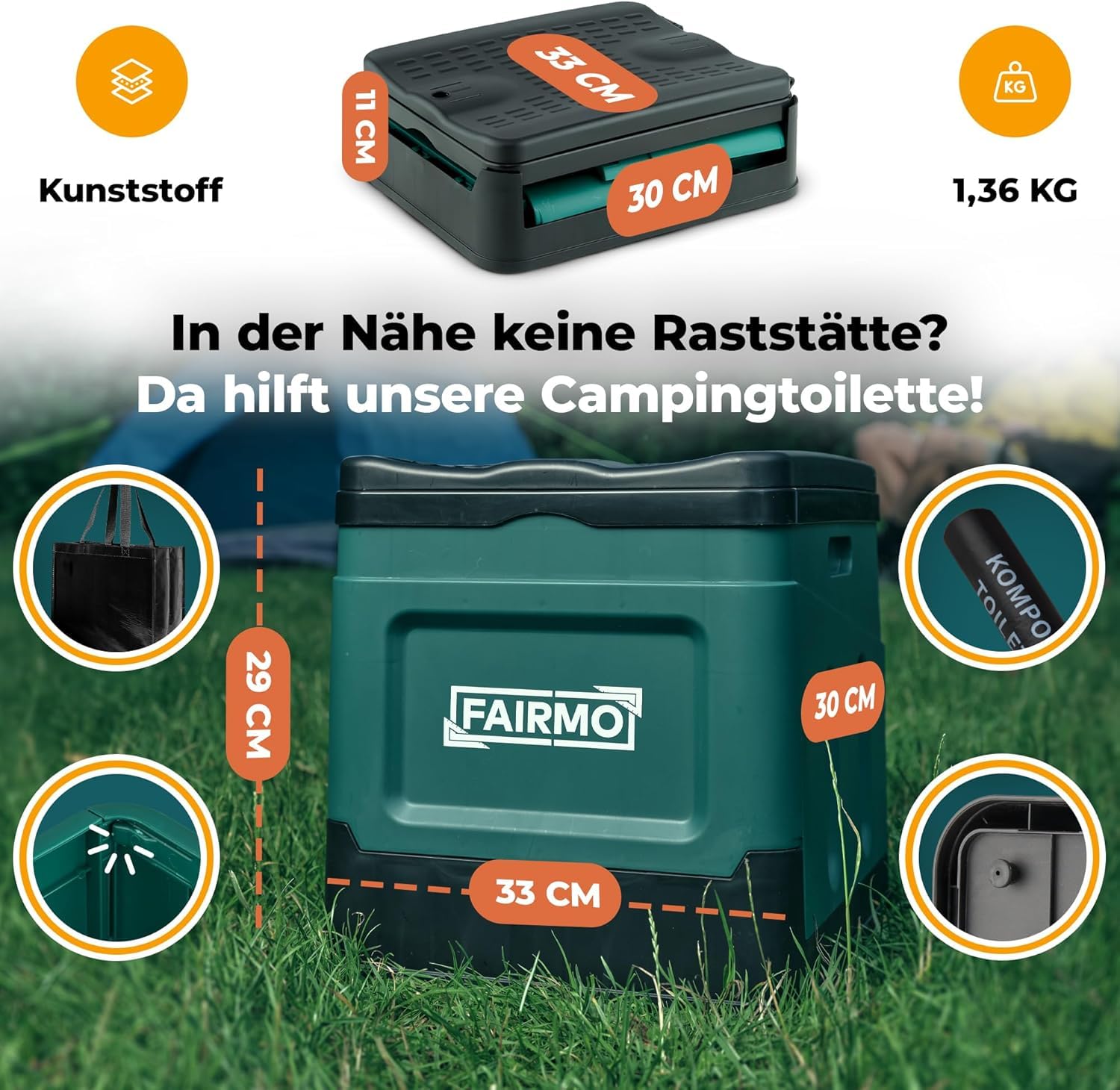 FAIRMO Die kompakte Campingtoilette faltbar - Camping ohne Chemie - Mobile Toilette Campingklo mit Deckel - Unterwegs, Festival, Notfall