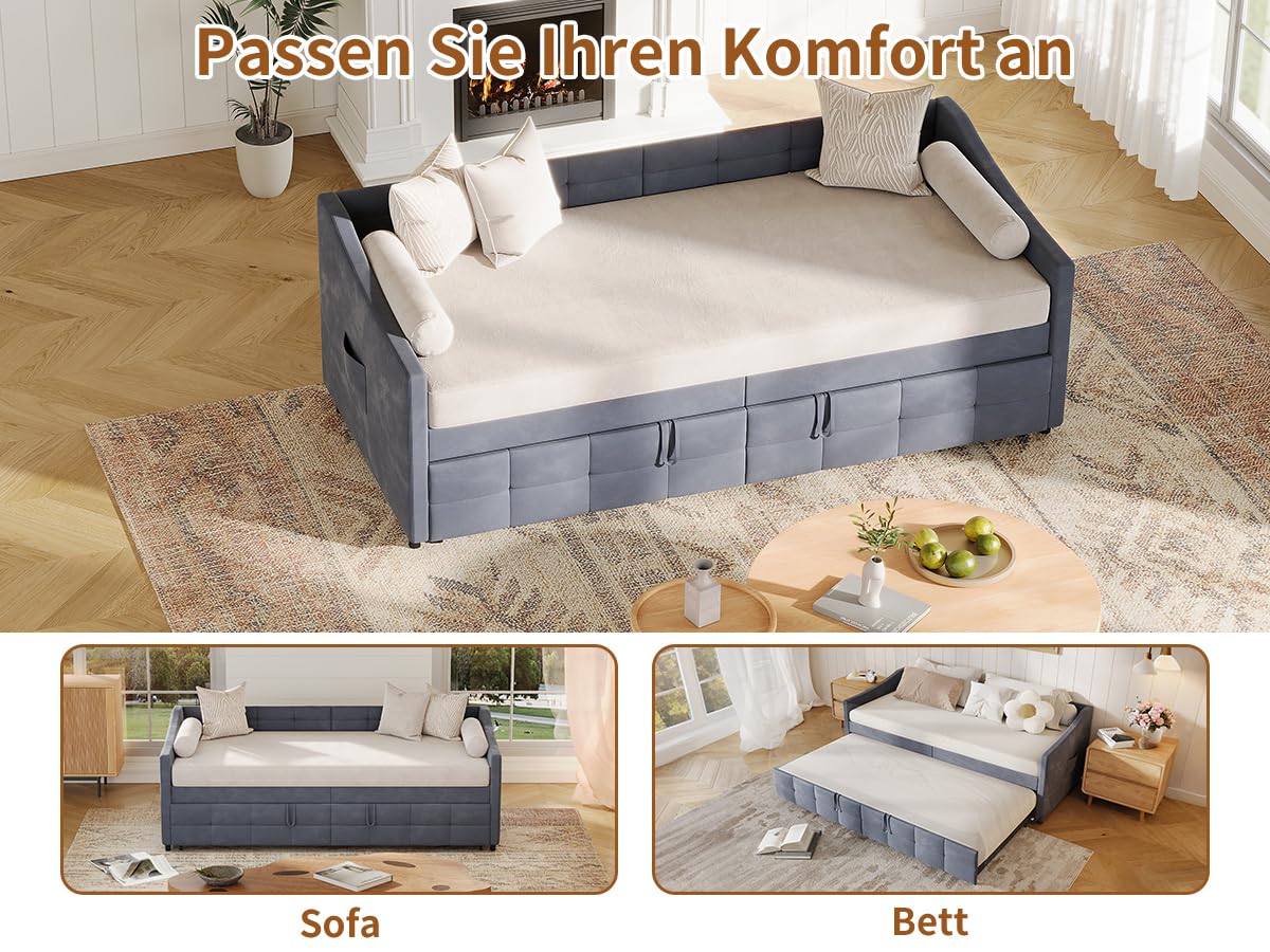 Schlafcouch Ausziehbar, Tagesbett Ausziehbar, Ausziehbett, Schlafcouch 180x200, Flanell, 90/180 x 200 cm, ohne Matratze (Grau)
