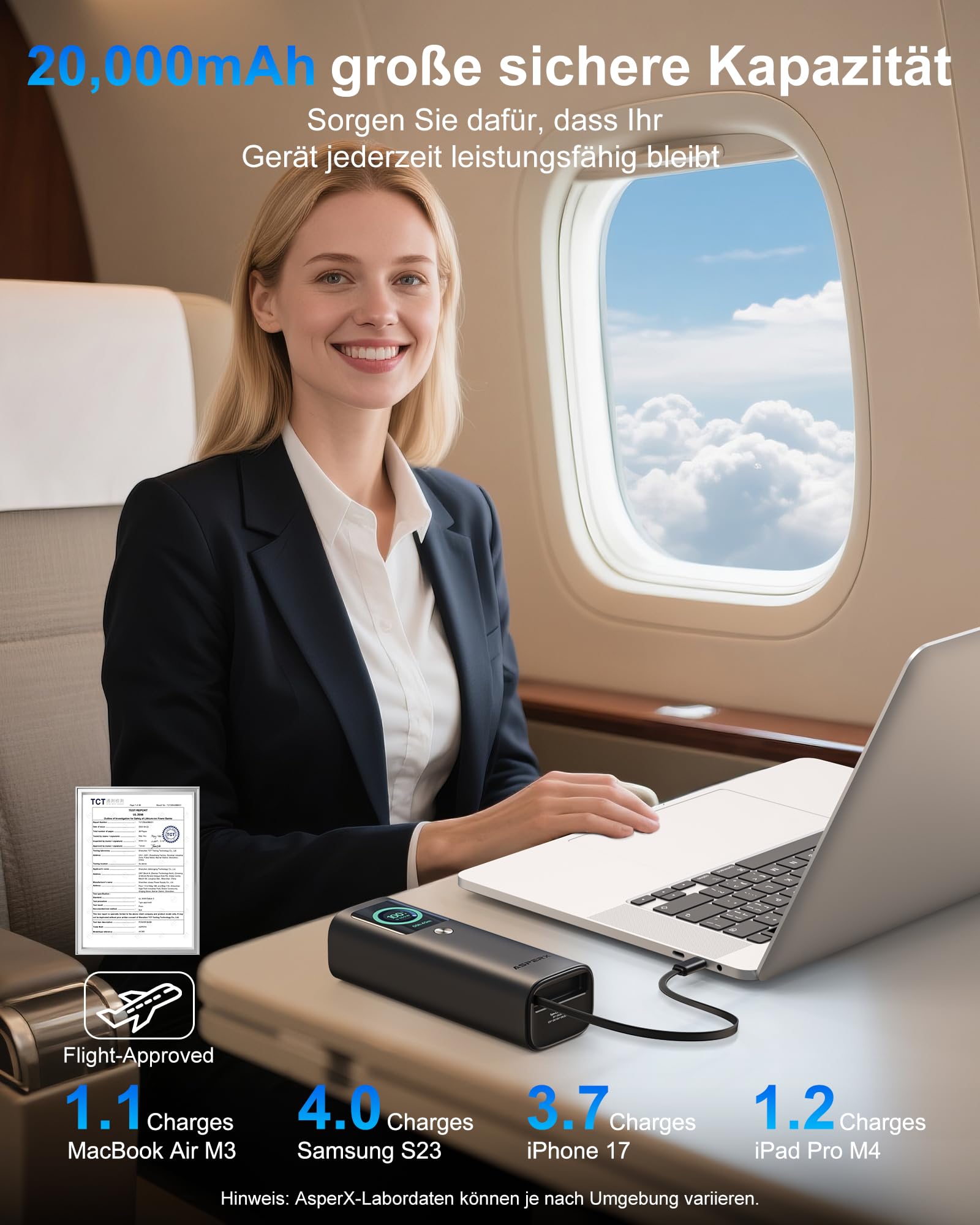 AsperX Laptop Powerbank 20000mAh,Total 165W Schnellladen | 60cm USB C Kabel Integriert,jeweils 100W'Max,TFT-Display,Power Bank für iPhone Galaxy MacBook(Alulegierung)