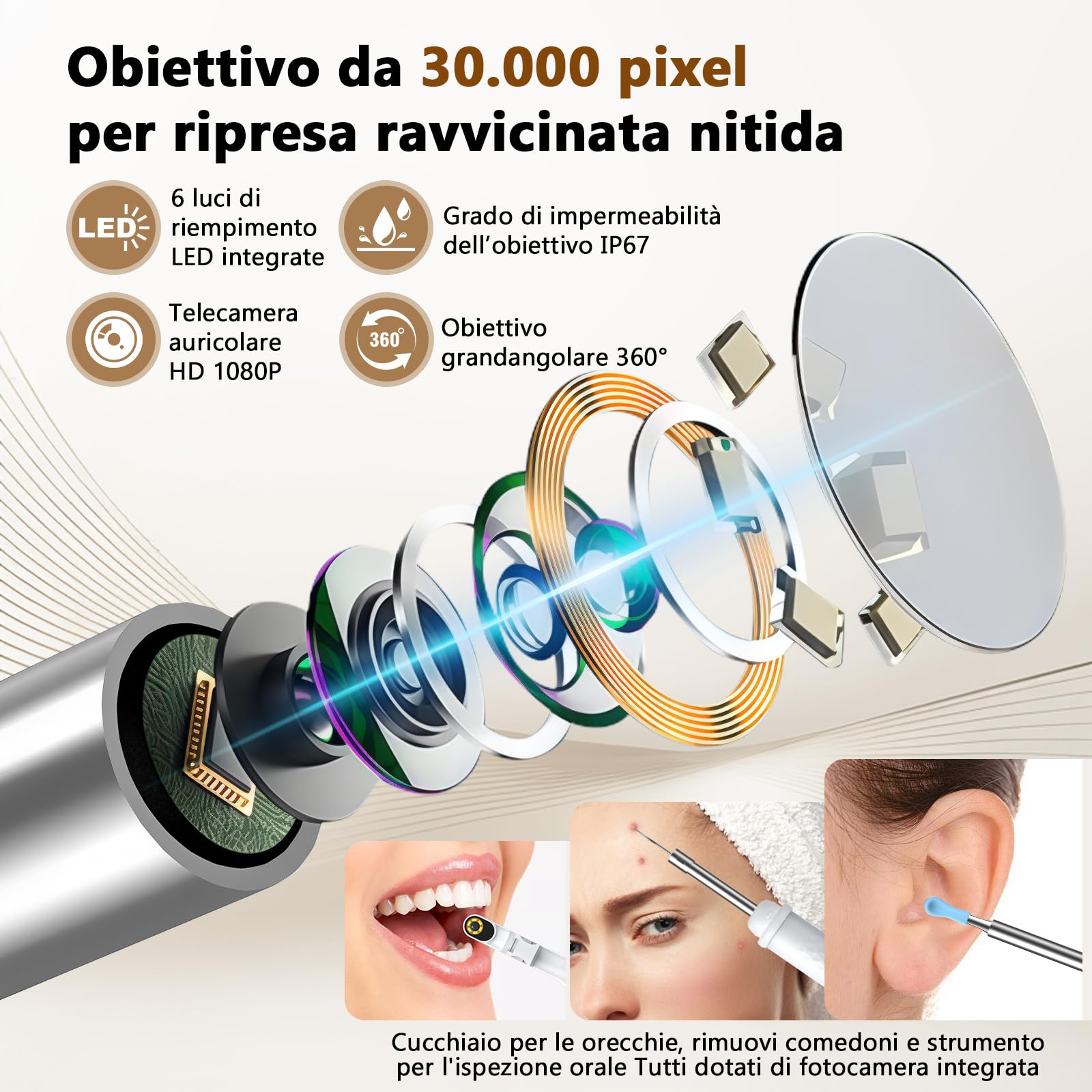 Pulizia Orecchie - Schermo da 3.97", Nessun Download di App Necessario | Rimozione Cera/Spillo Puntini, Aiuto Cura Orale | Montaggio Magnetico, Custodia Ricaricabile | Per Famiglia & Viaggi