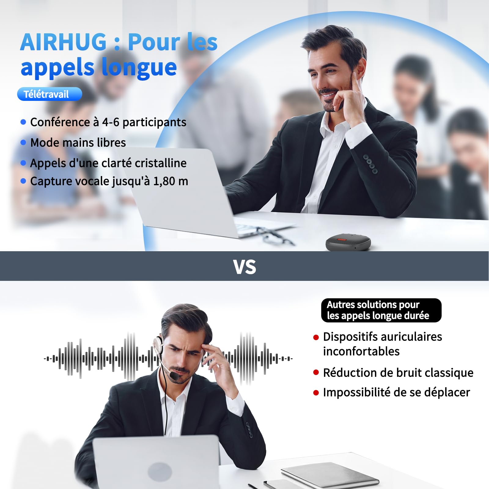 Microphone et haut-parleur de conférence AIRHUG, haut-parleur Bluetooth avec prise de voix à 360°, réduction avancée du bruit, USB-C Plug & Play, compatible avec Zoom et MS Team