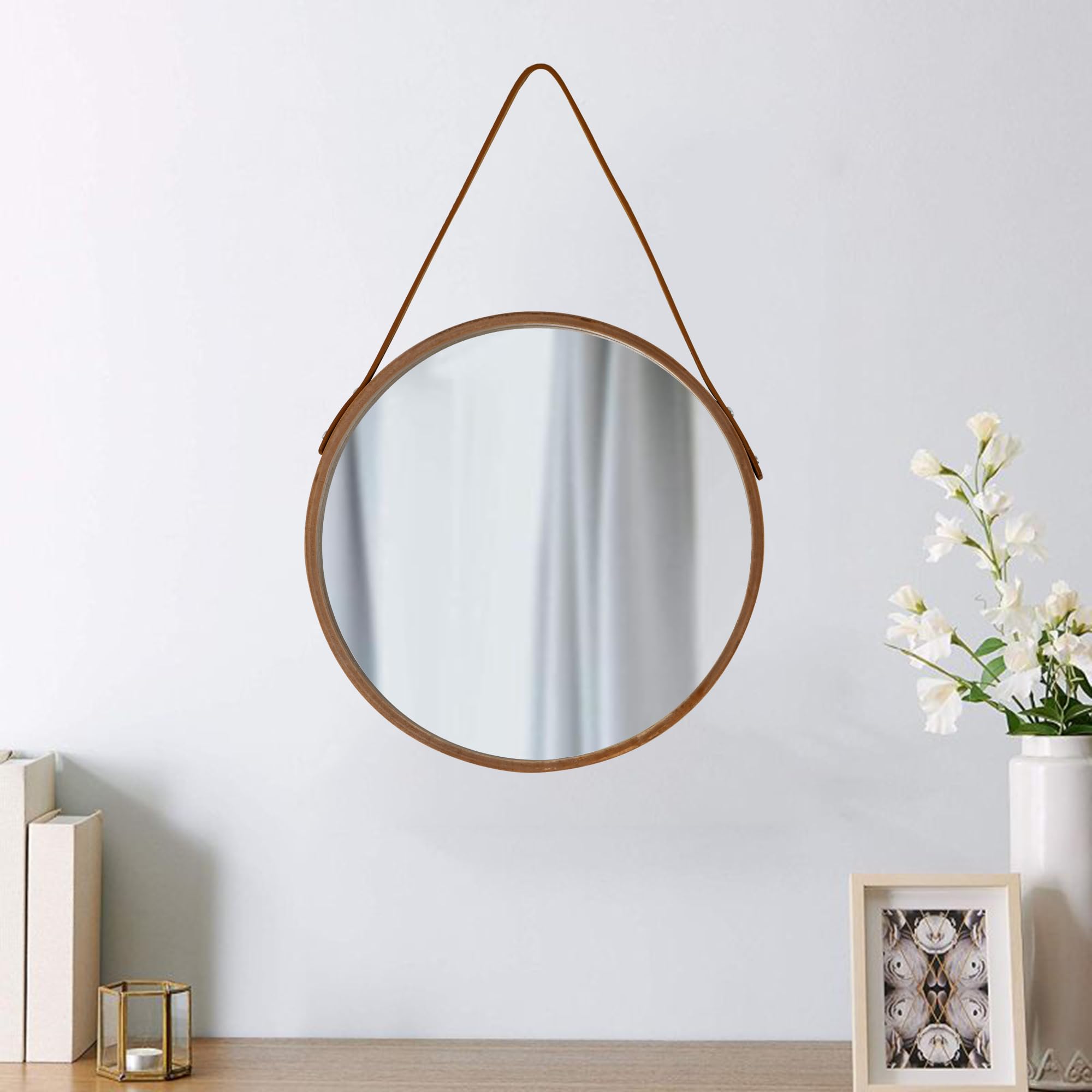 Espejo redondo para colgar, espejo de granja de 18 pulgadas con cordón de cuero para baño, dormitorio, sala de estar, decoración del hogar (natural, S-30 cm)