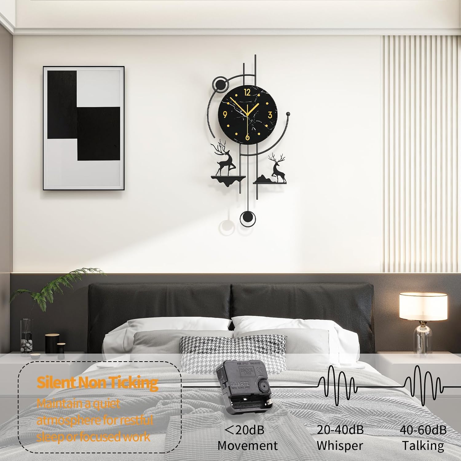 FLEBLE Large Modern Wall Clock with Pendulum –Silent Quartz Battery Operated Decorative Clock for Living Room, Kitchen, Bedroom, Office – Unique Black Deer Design Timepiece, 12.6 x 26.4inch