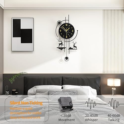 Miniatura 5 de FLEBLE Reloj de pared grande y moderno con péndulo, reloj decorativo de cuarzo silencioso a pilas para sala de estar, cocina, dormitorio, oficina,