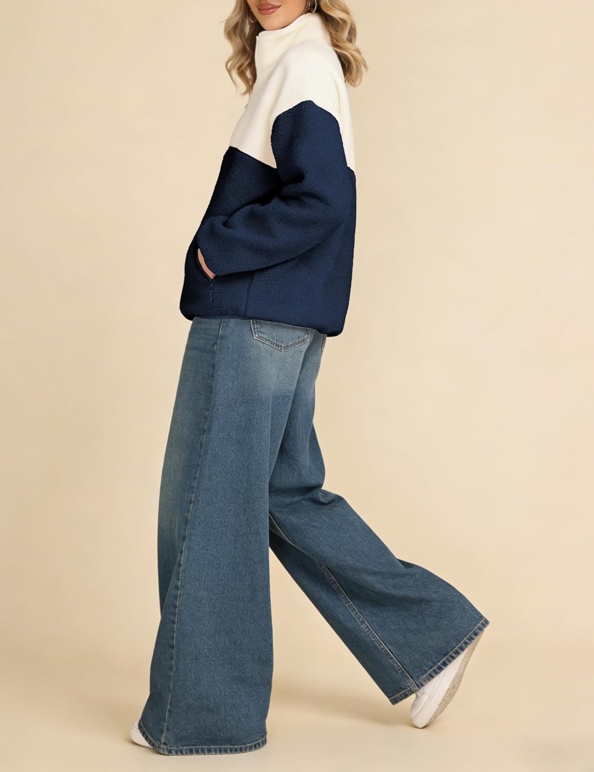 Womens Colorblock Fleece Jacket Half Zip Mockneck Sherpa Pullover Hiking Outdoor Sweatshirts with Pockets - Image 7