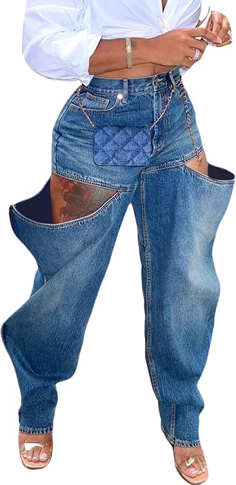 Sexyshine Womens Cutout Hollow Out Y2K Cargo Jeans Baggy Straight Leg Stretchy Boyfriend Long Denim Pants