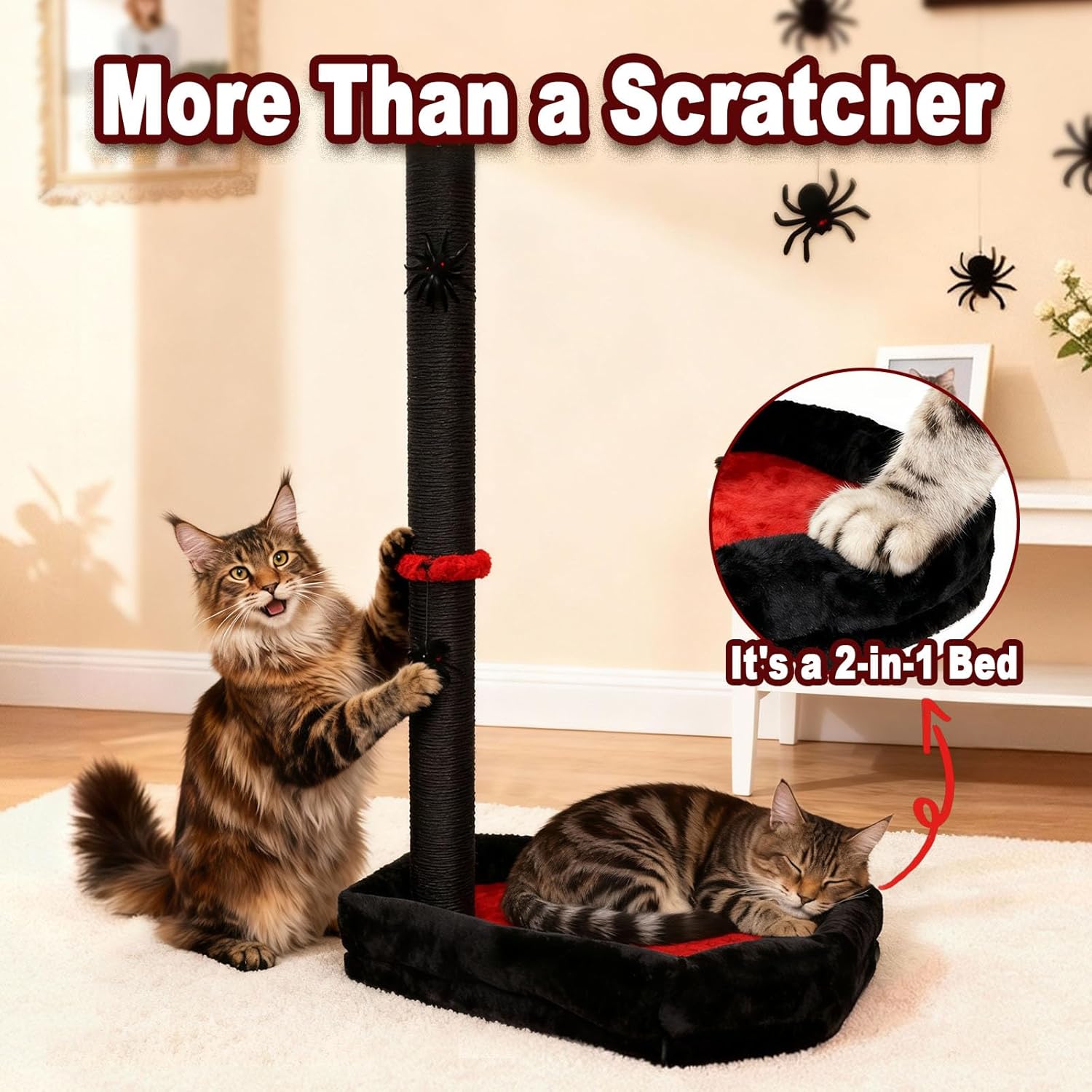 Gothic Cat Scratching Post with Bed, 40 Pcs Interactive Cat Toys, 34" Tall Cat Scratcher with Kitten Toys for Indoor Cats, Modern Sisal Post for Kittens & Adults