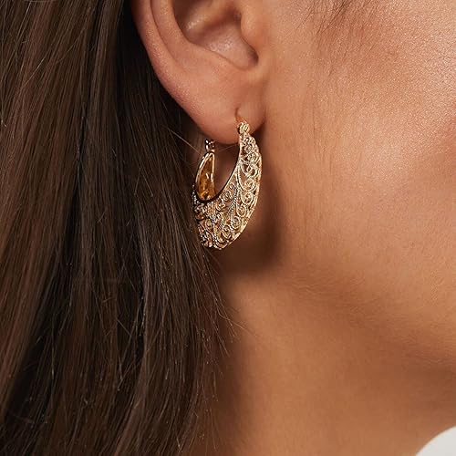 Miniatura 7 de Aretes de filigrana, estilo vintage, con filigrana, ovalados, chapados en oro, aretes colgantes chapados en oro, aretes bohemios amarillos para mujer