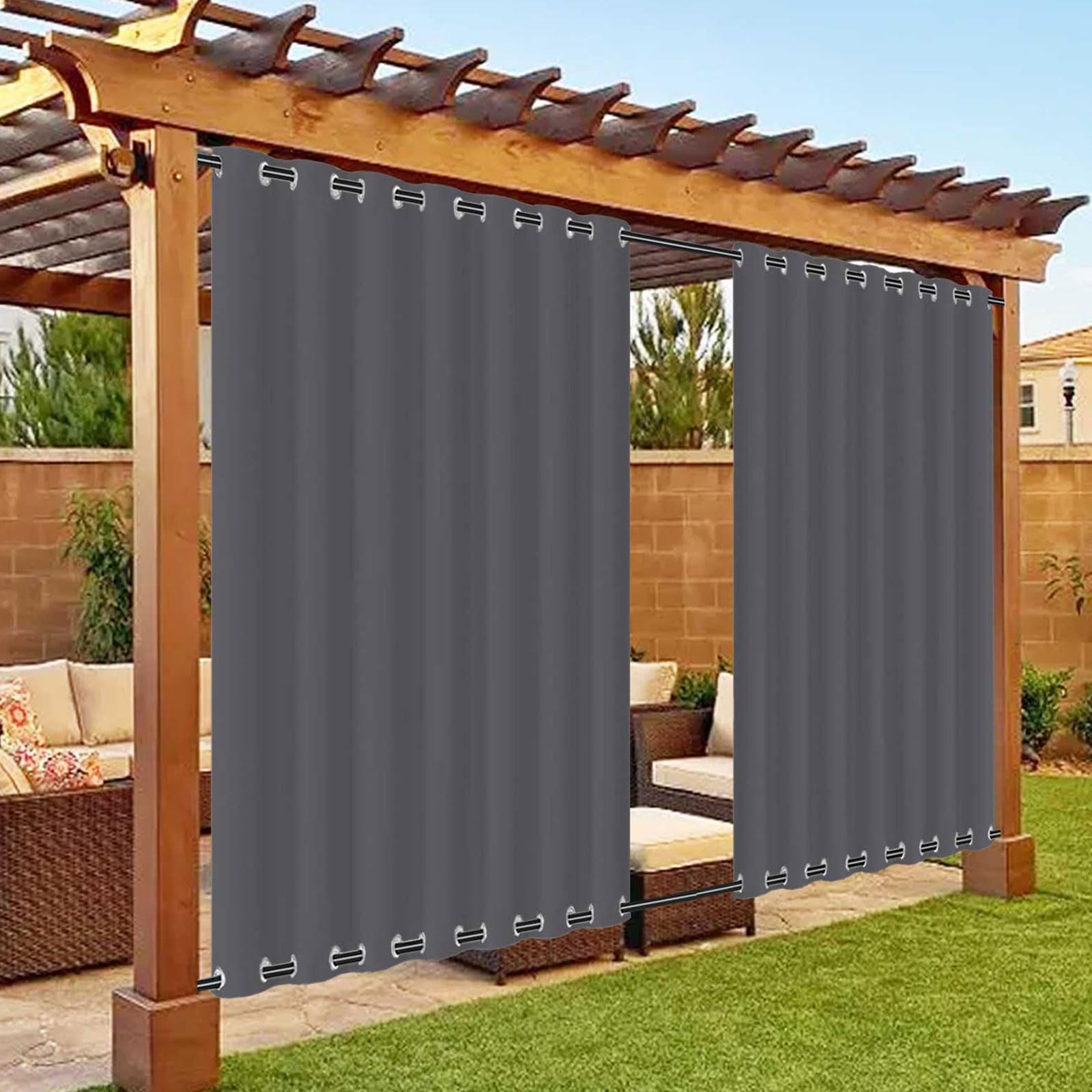 Wasserdichte Outdoor Vorhänge für Die Terrasse Verdunkelungsvorhang | Ösen Oben und Unten, Wärmeisolierte Sichtschutzvorhänge für Veranda und Pergola, 1 Stück, B210cm x H130cm, Dunkelgrau