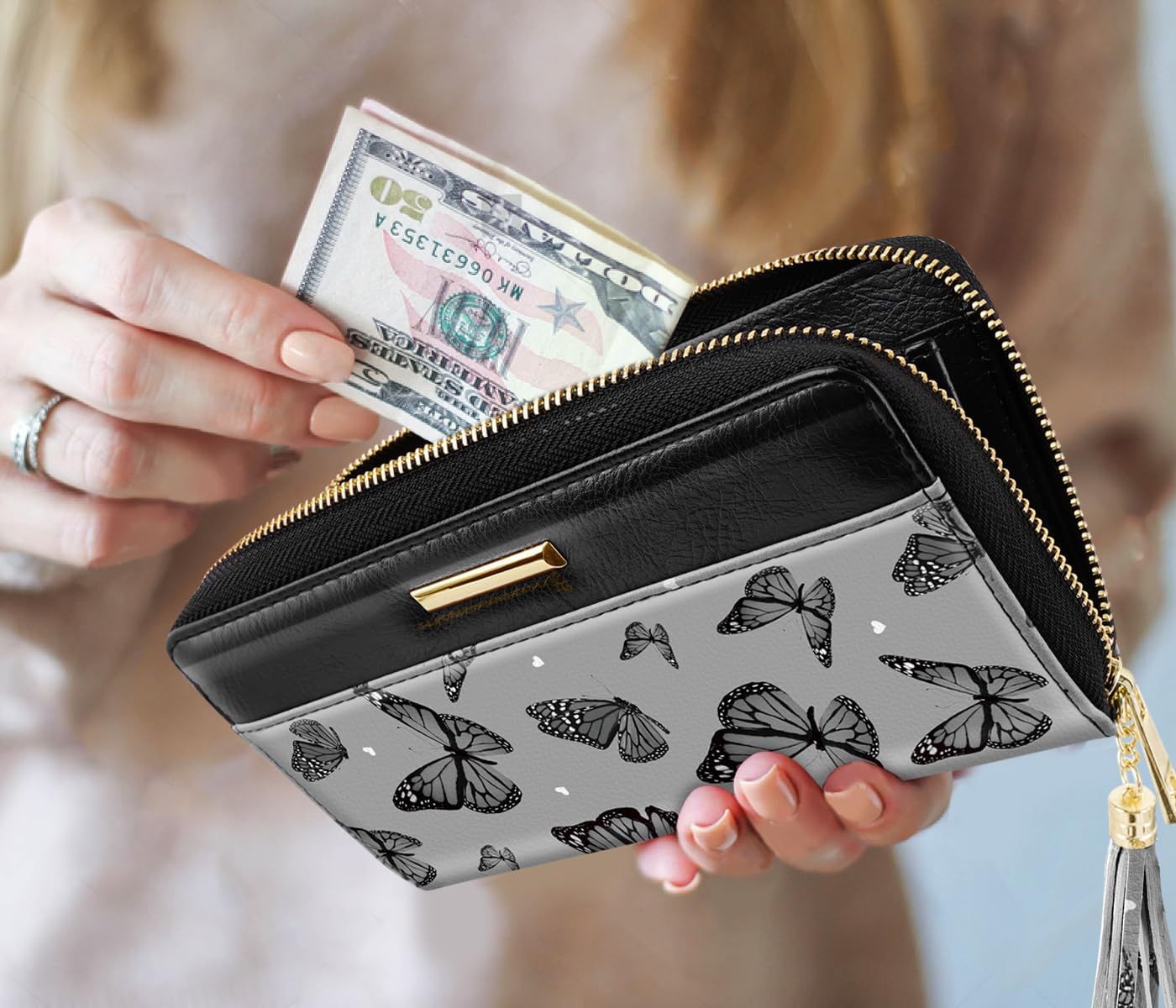 Coco Rossi Women Wallets Multi Card Case Wallet Clutch Wallet Card Holder Organizer Ladies Purse Tassel Wrist strap Purse,Black Butterfly