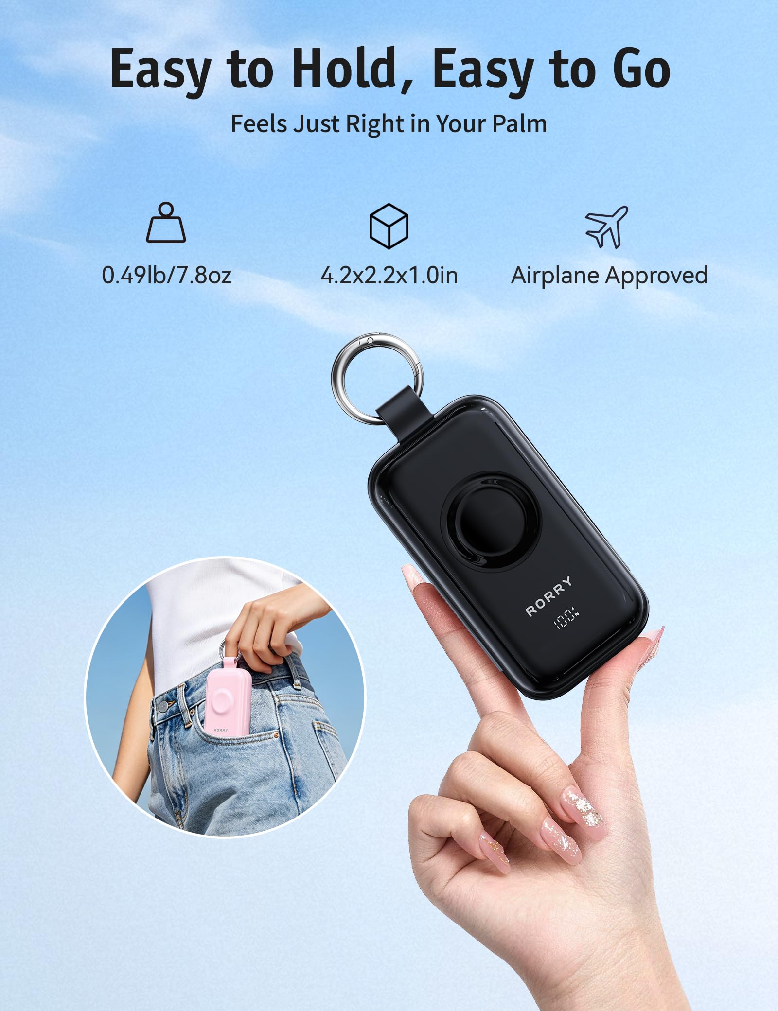 RORRY CharmGo Chargeur Portable 45 W à Charge Rapide, 10 000 mAh avec câbles intégrés, Batterie pour iPhone 17/16/15/14/13/12/11 Pro/Max et Apple Watch Ultra/11/10/9/SE, iPad, Noir