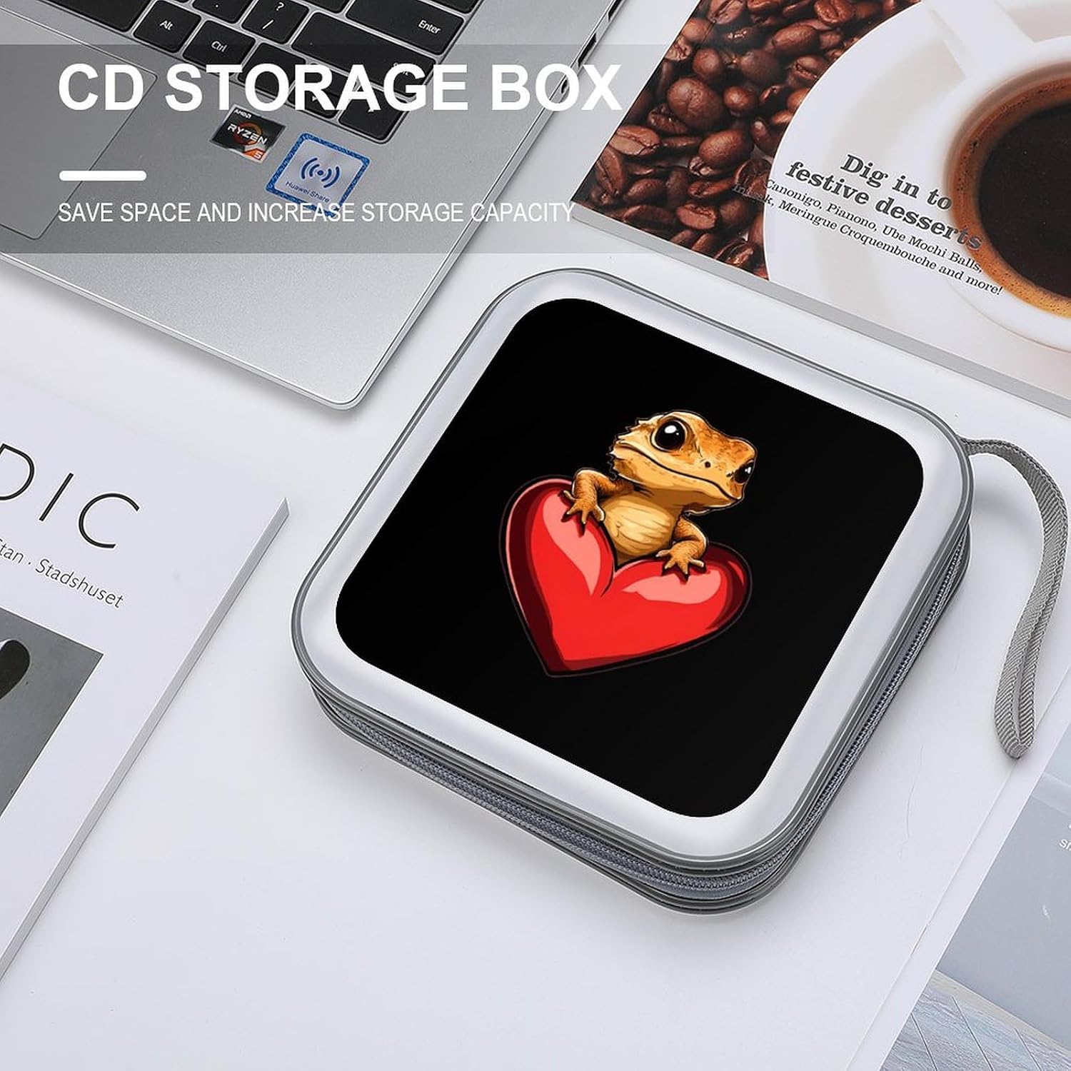 Bearded Dragon Love Heart CD Case Portable DVD Storage Box CD Wallet Holder Binder Organizer for Car Home