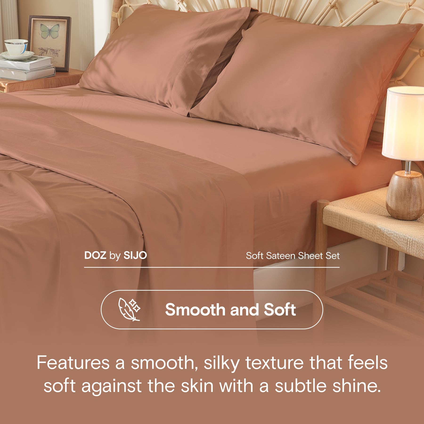 DOZ By SIJO 100% Long Staple Cotton Sheets - Soft Sateen, Cooling, Breathable, 4pc Hotel Comfort Set (Clay, Queen)