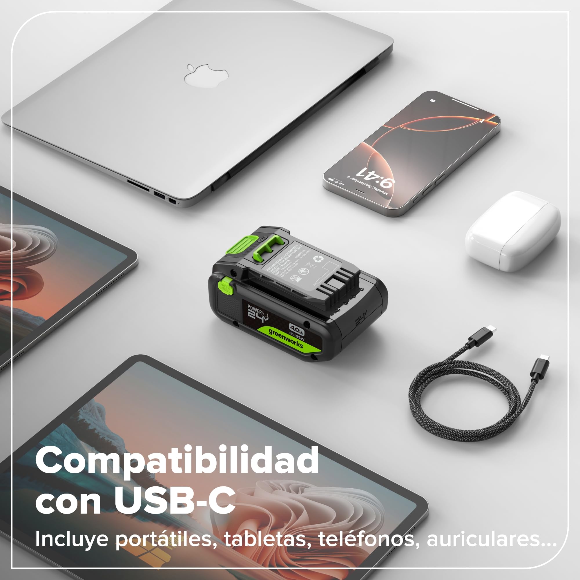 Greenworks TwinPack 24V 4Ah Batería Recargable de Alta Potencia USB-C Batería de Iones de Litio Compatible con Todos los más de 200 Dispositivos Greenworks 24V, 2 años de garantía - K2D8NNA