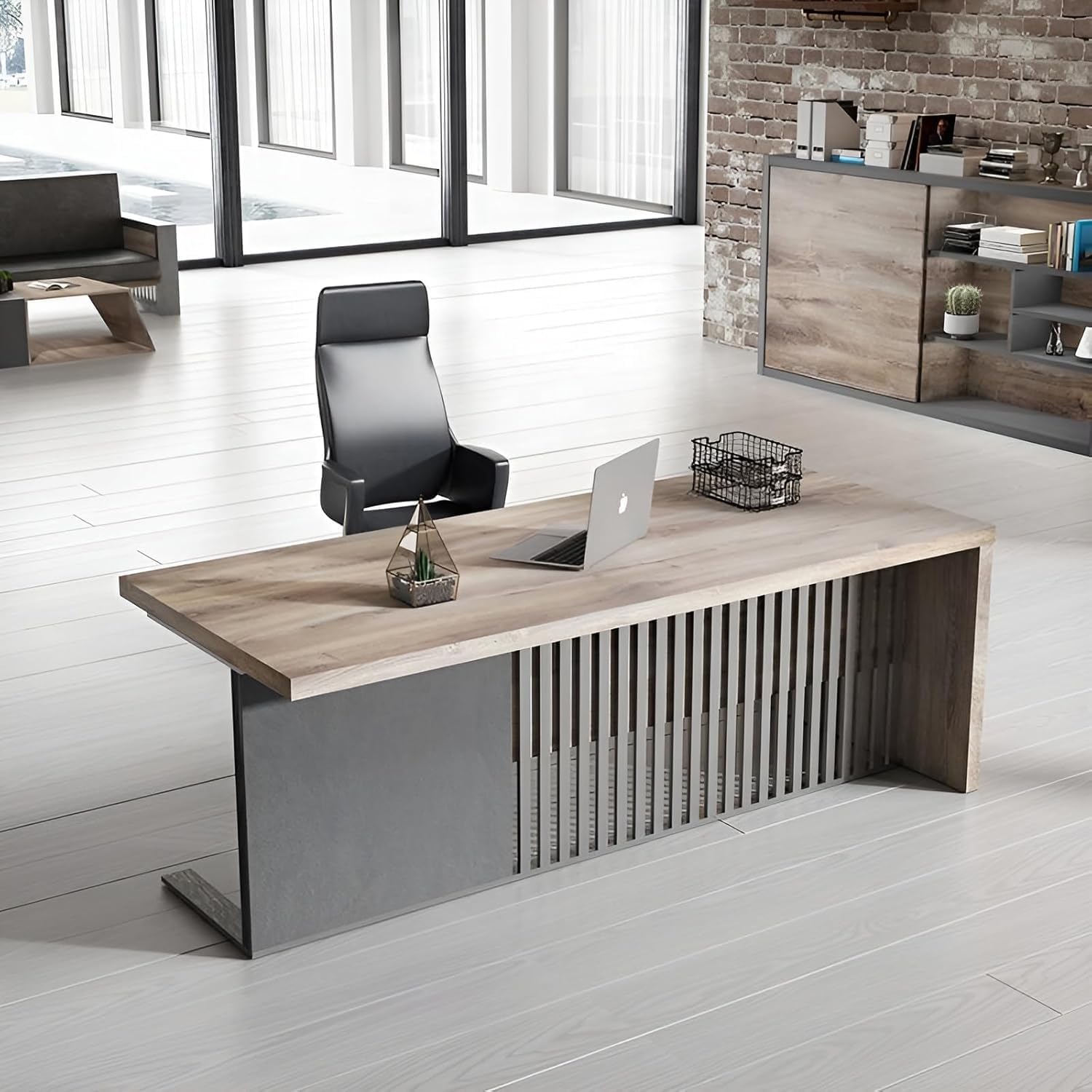 70.87 Inch L Shaped Executive Office Desk with 2 Drawers, Modern Home Office with File Cabinet, Business Furniture W/Stand Under Storage Organizer with 4 Wheels