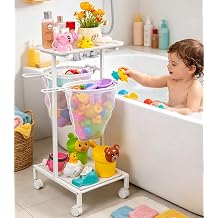 Bath Toy Storage Holder, Quick Drying Bathtub Toy Organizer with 2 Hanging Mesh Net and Shower Caddy, Large Bath Tub Toy Bin Easy Access, Freestanding Bathroom Toys Basket Cart for Toddler