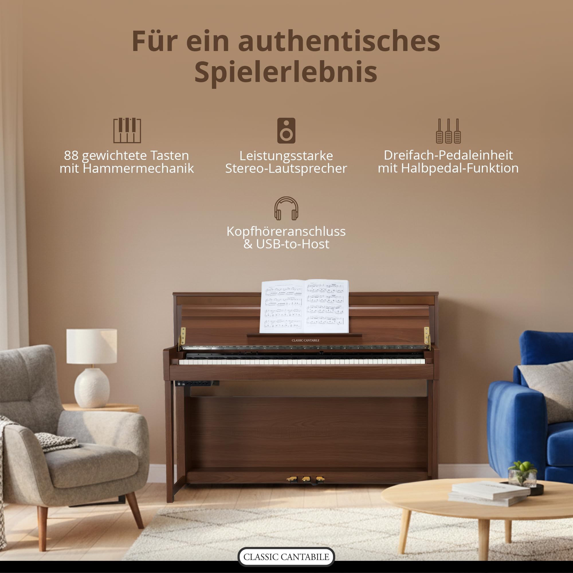 Classic Cantabile UP-1 OM Upright E-Piano - 88 gewichtete Tasten mit Graded Hammer Tastatur, Ivory Touch, 256 Polyphonie, 40 Sounds, OLED Display, 3 Pedale, USB MP3 Recorder - Okoume