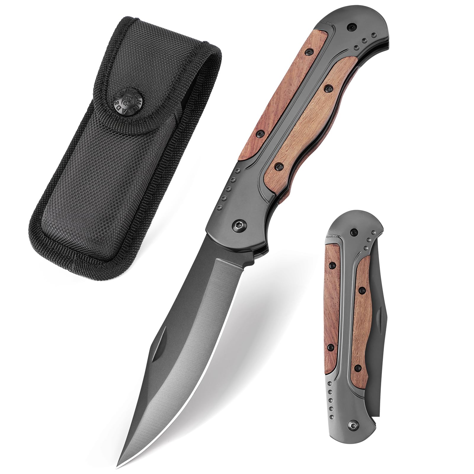DRACHENADER Zweihand Klappmesser A-11, Zweihandmesser 42a Konform, Zweihandmesser aus 420C-Stahl, EDC Taschenmesser mit Clip und Nylon-Tasche, Holz und Aluminiumgriff