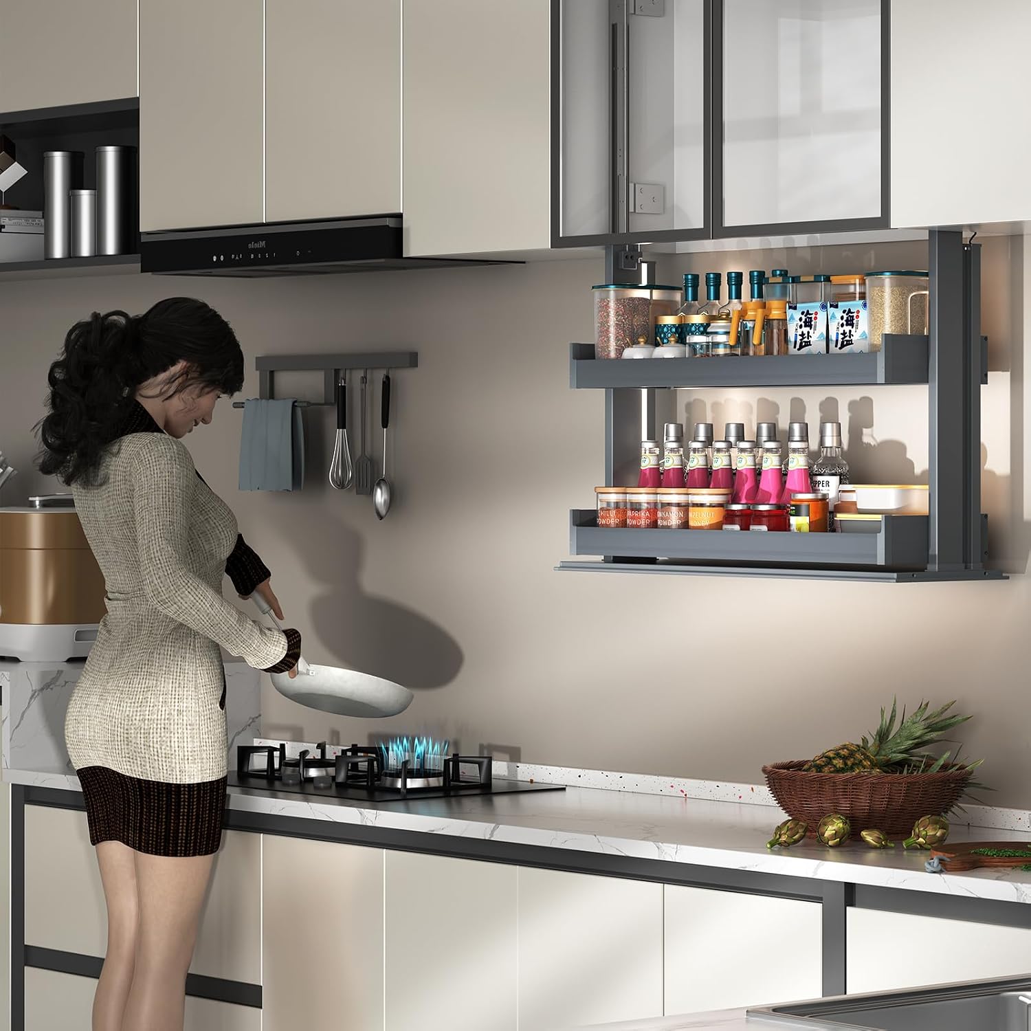 Touch Switch Pull Down Cabinet Organizer- Electric Pull Down Shelf for Upper Cabinets, Anti-Collision Spice Rack,Smart Kitchen and Pantry Organization,18.27" W x 26" H, Plus256Y