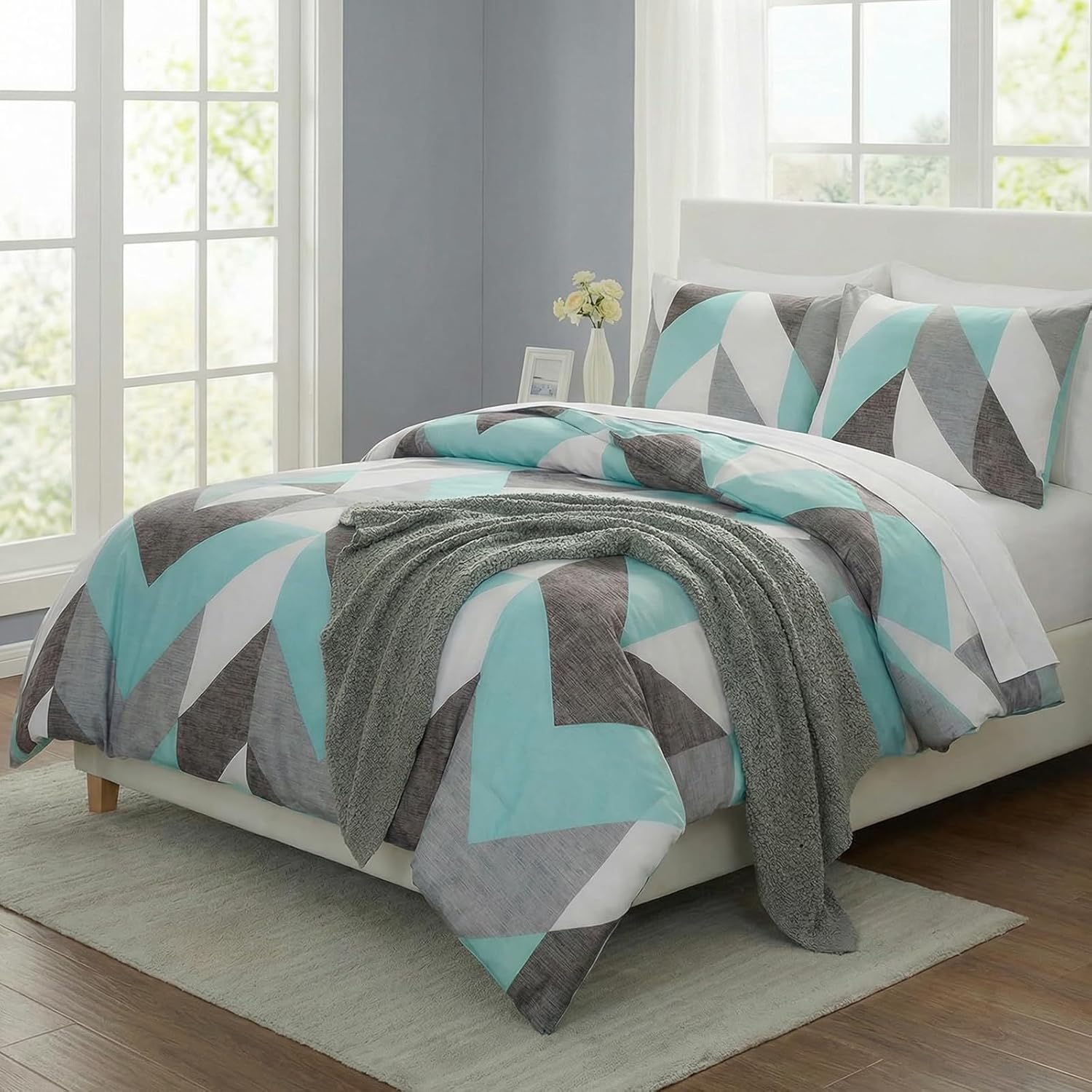 Bedbay Teal Comforter Queen Size Turquoise Teal Queen Bed Set Geometric Chevron Teal and Grey Bedding Set Western Comforter 3 Pcs Lightweight Down Alternative Comforter for Girls Teen Men Women - Image 6