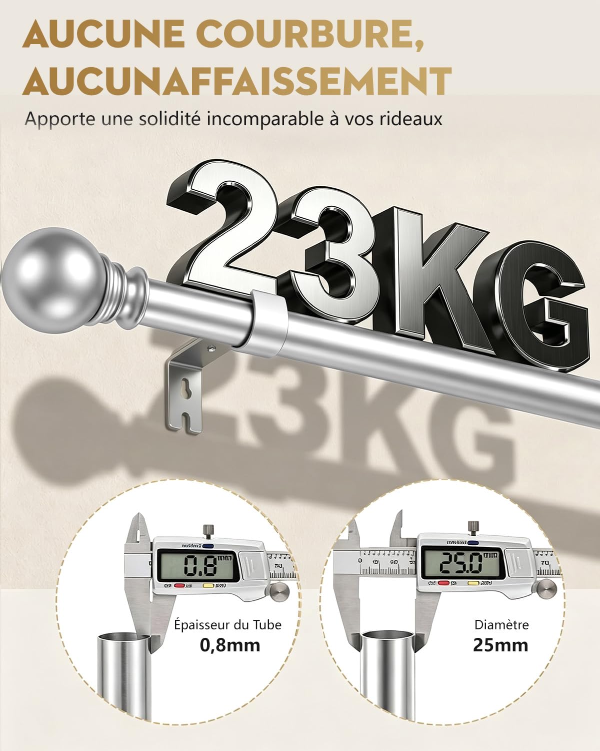 Tringle à Rideaux Argentée 66-417 cm, Ø25 mm, Extensible Réglable en Métal Robuste avec Supports et Embouts Décoratifs, Barre à Rideaux pour Fenêtre, Extérieur, Chambre, Cuisine et Salon